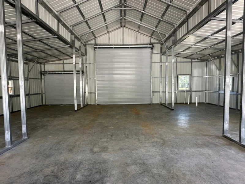 Barn interior with roll-up doors