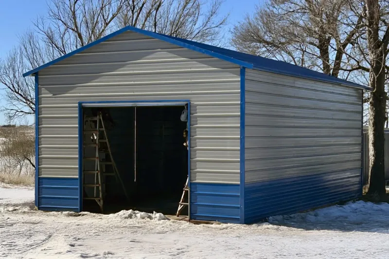 Tan and blue garage