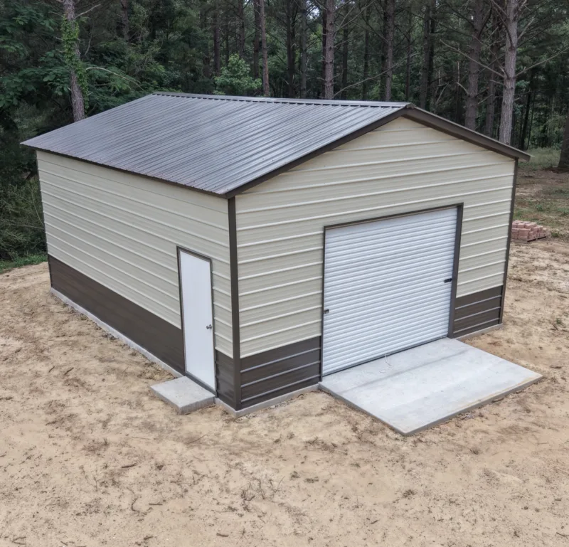 Tan garage, brown trim